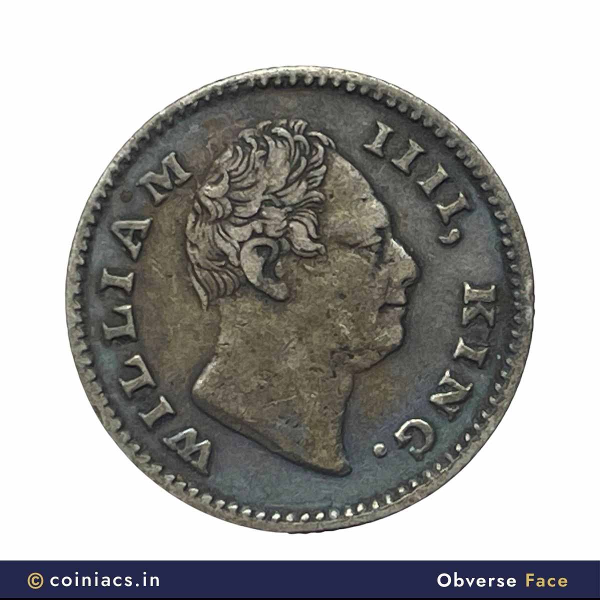 1/4 Rupee William IIII King 1835 CE (Obv A, Rev III) 18 Berries ‘F’ Raised Calcutta Mint Silver Coin, British India Uniform Coinage, Collectible. - Image 2