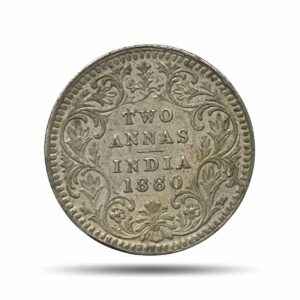 Rare Error Die Fill Two Annas Victoria Empress 1880 (Key Date) ‘C’ Incused Calcutta Mint (Obv B, Rev II) Silver Coin, British India Uniform Coinage, Collectible.
