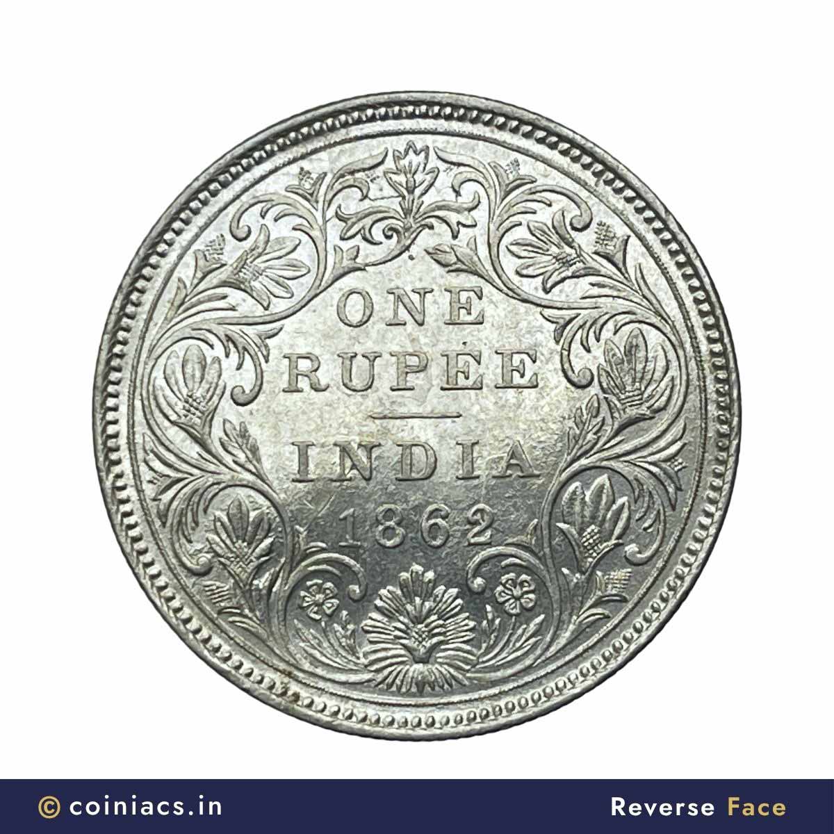 Scarce One Rupee Victoria Queen 1862 Silver Coin, British India Uniform Coinage, UNC. - Image 3