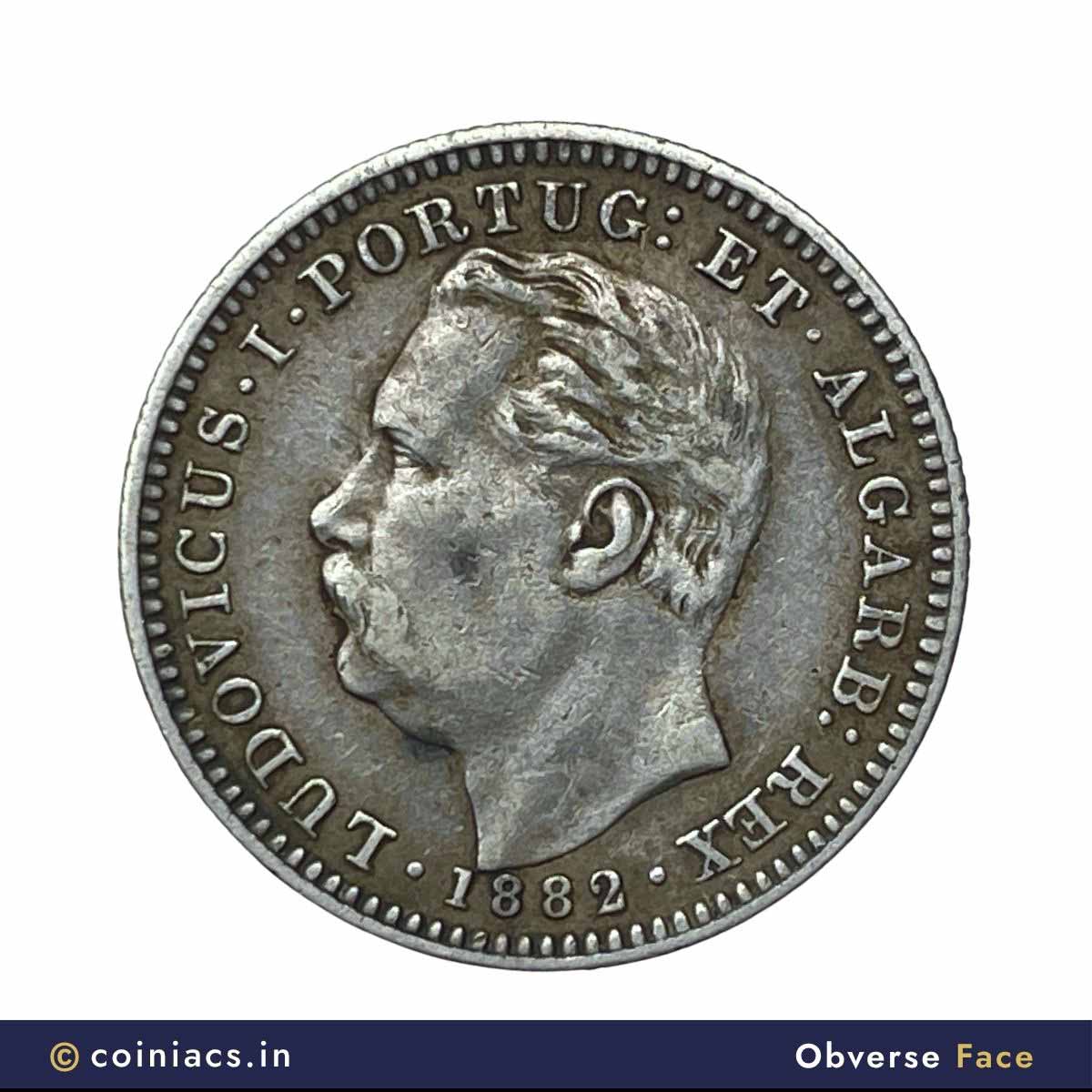 Meia Rupia (1/2 Rupee) Luiz I 1882 CE Key Date Silver coin, Portuguese India (India Portugueza), XF+. - Image 2