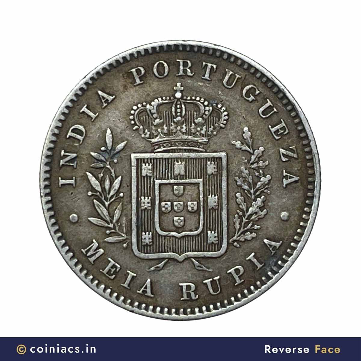 Meia Rupia (1/2 Rupee) Luiz I 1882 CE Key Date Silver coin, Portuguese India (India Portugueza), XF+. - Image 3