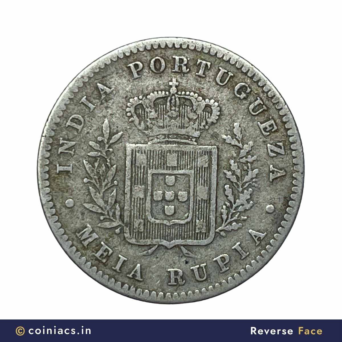 Meia Rupia (1/2 Rupee) Luiz I 1881 CE Silver coin, Portuguese India (India Portugueza), Collectible - Image 3