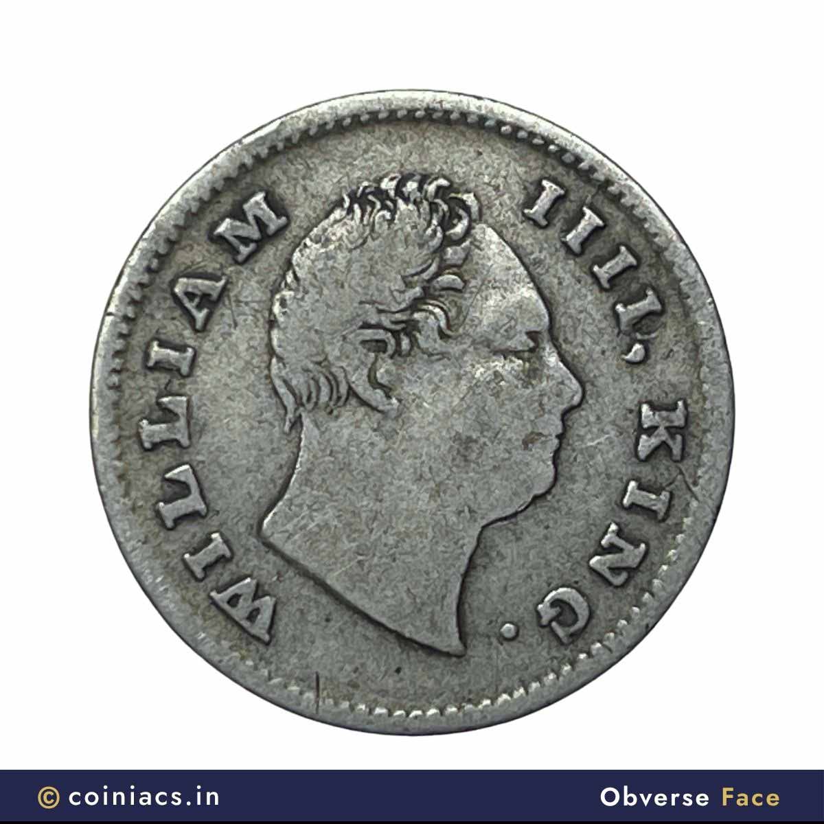 1/4 Rupee William IIII King 1835 CE (Obv A, Rev I) “No Initial” 20 Berries (10L +10R ) Bombay Mint Silver Coin, British India Uniform Coinage, Collectible. - Image 2