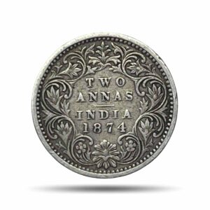 Two Annas Victoria Queen 1874 (No Mint Mark) Bombay Mint Silver Coin, British India Uniform Coinage, XF.