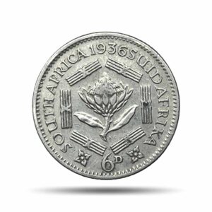 6 Pence George V 1936 (Key Date) “SUID-AFRIKA 6D” Pretoria Mint Silver Foreign Coin, South Africa, Collectible.