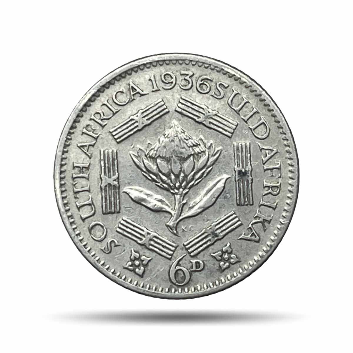 6 Pence George V 1936 (Key Date) “SUID-AFRIKA 6D” Pretoria Mint Silver Foreign Coin, South Africa, Collectible.