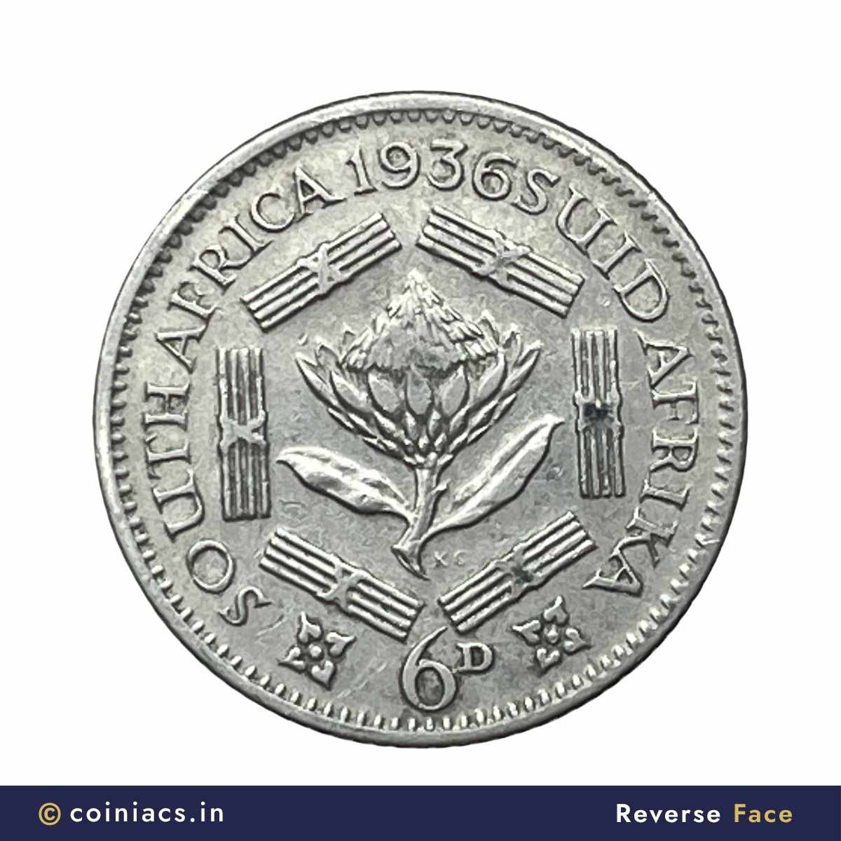 6 Pence George V 1936 (Key Date) “SUID-AFRIKA 6D” Pretoria Mint Silver Foreign Coin, South Africa, Collectible. - Image 3