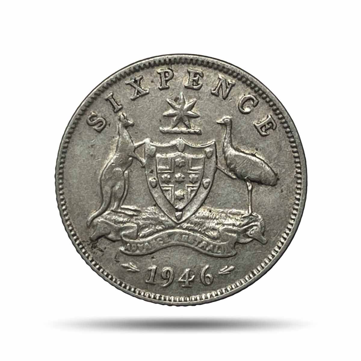 6 Pence George VI 1946 Royal Mint Melbourne Silver Foreign Coin, Australia, Extremely Collectible.