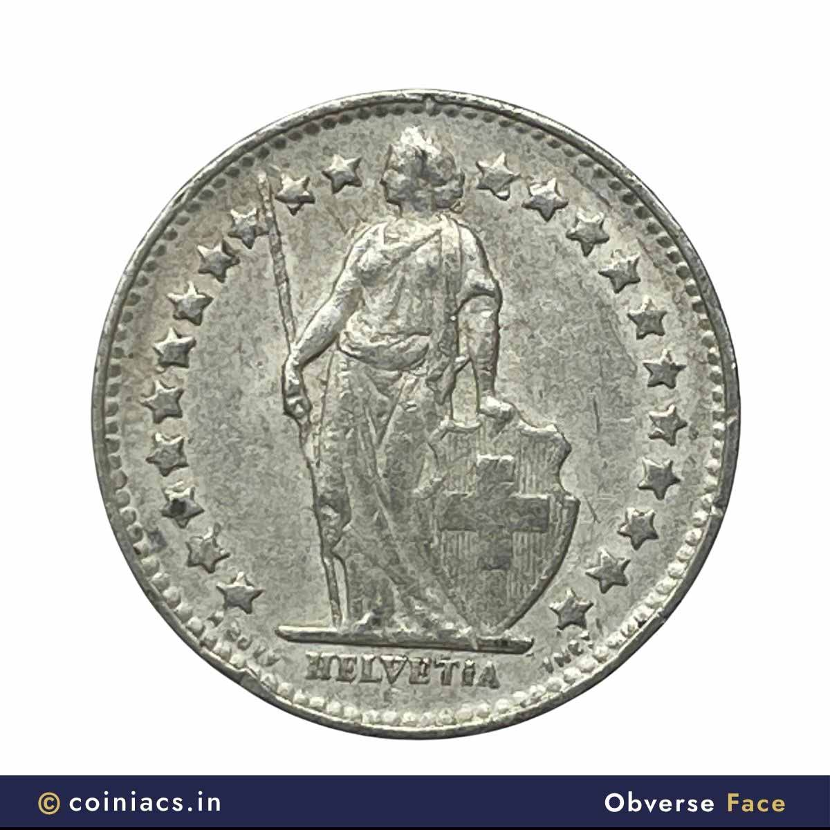 1/2 Franc (Helvetia standing) 1943 CE Bern Mint Silver Coin, Switzerland, Collectible. - Image 2