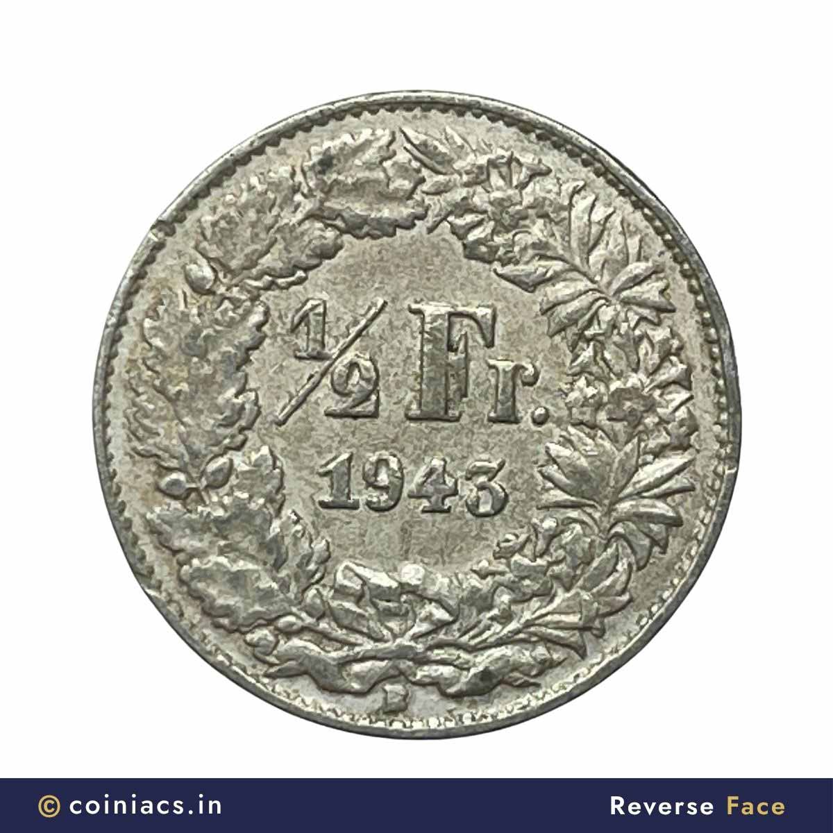 1/2 Franc (Helvetia standing) 1943 CE Bern Mint Silver Coin, Switzerland, Collectible. - Image 3