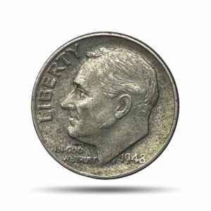 One Dime (Roosevelt Silver Dime) 1948 CE Philadelphia Mint Silver Foreign Coin, United States of America, Collectible.
