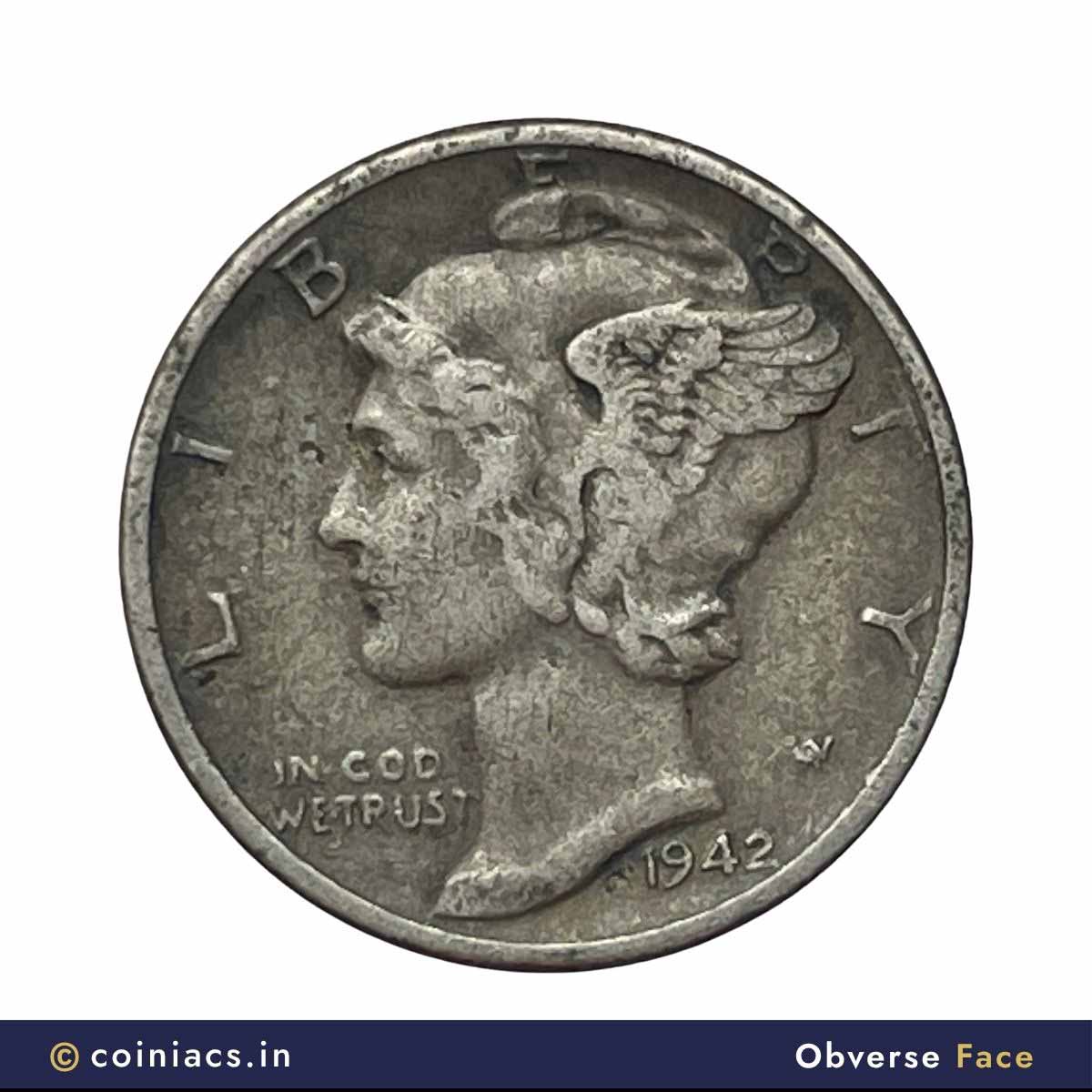 One Dime (Mercury Dime) 1942 Silver Coin, United States of America, Collectible - Image 2